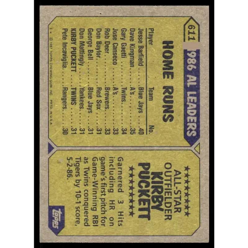 1987 Topps #611 Kirby Puckett EX/NM Minnesota Twins Baseball Card - Baseball Card Single