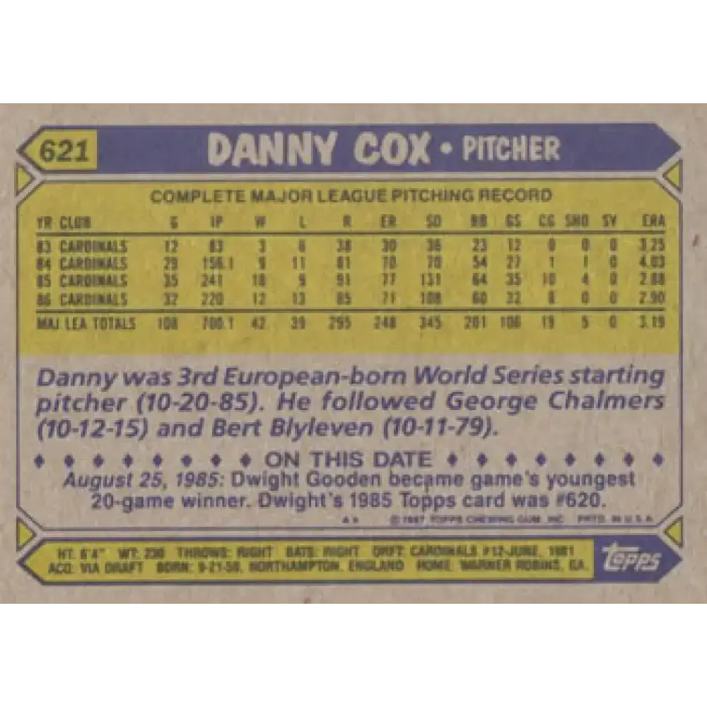 1987 Topps #621 Danny Cox EX Excellent St. Louis Cardinals Baseball Card - Baseball Card Single