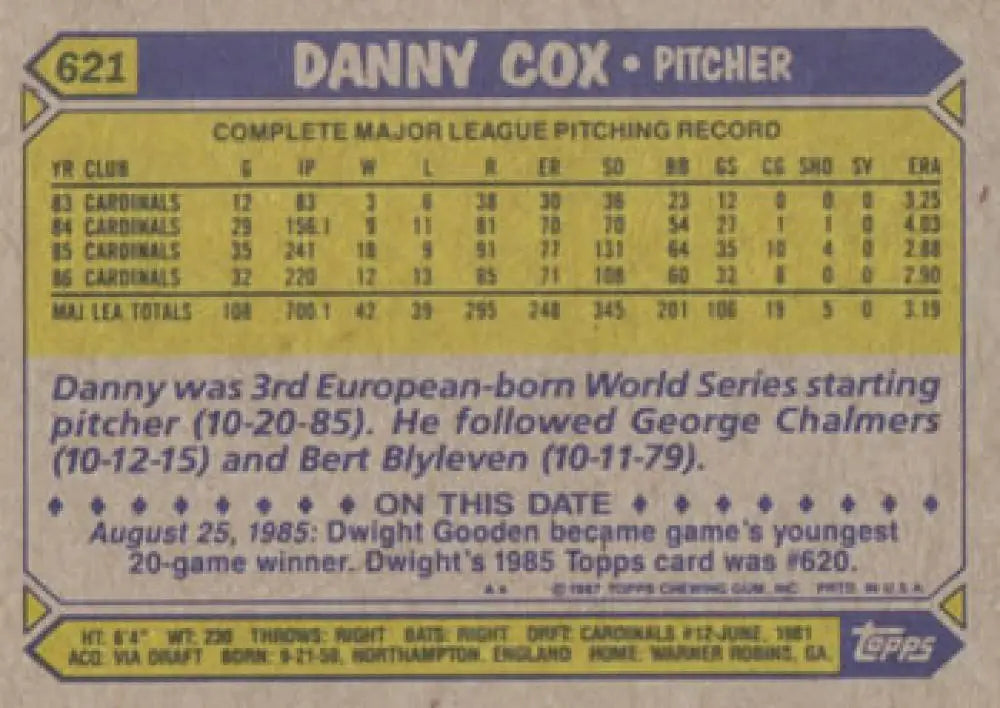 1987 Topps #621 Danny Cox EX Excellent St. Louis Cardinals Baseball Card - Baseball Card Single