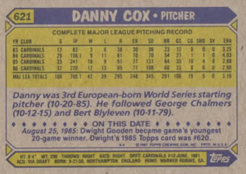 1987 Topps #621 Danny Cox EX Excellent St. Louis Cardinals Baseball Card - Baseball Card Single