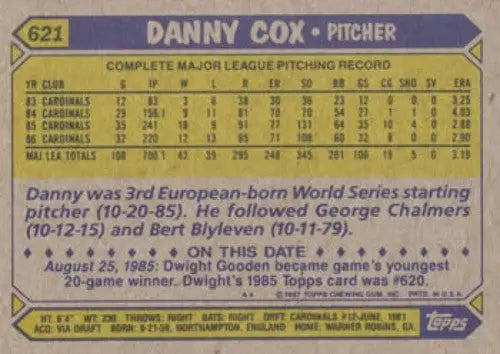 Back of a vintage 1987 Topps Danny Cox NM-MT baseball card with original gloss