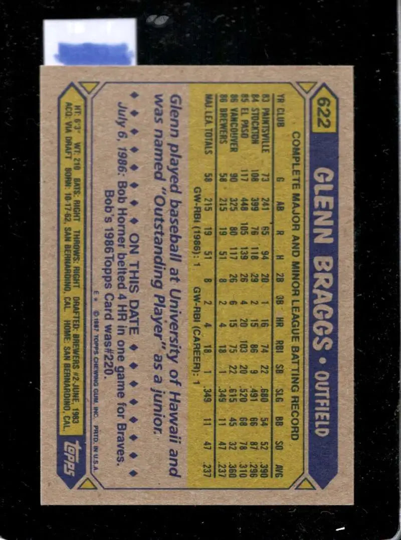 1987 Topps #622 Glenn Braggs EX Excellent RC Rookie Milwaukee Brewers Baseball Card - Baseball Card Single