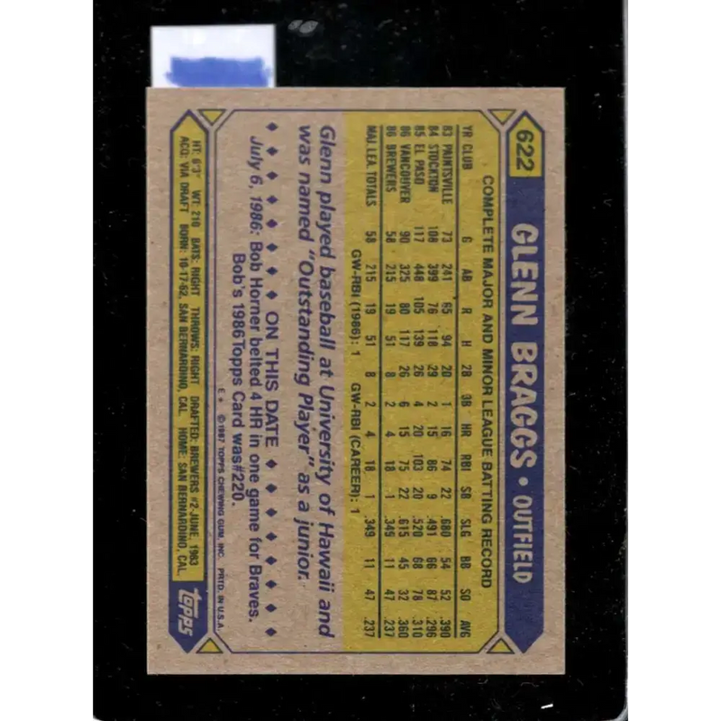 1987 Topps #622 Glenn Braggs EX Excellent RC Rookie Milwaukee Brewers Baseball Card - Baseball Card Single