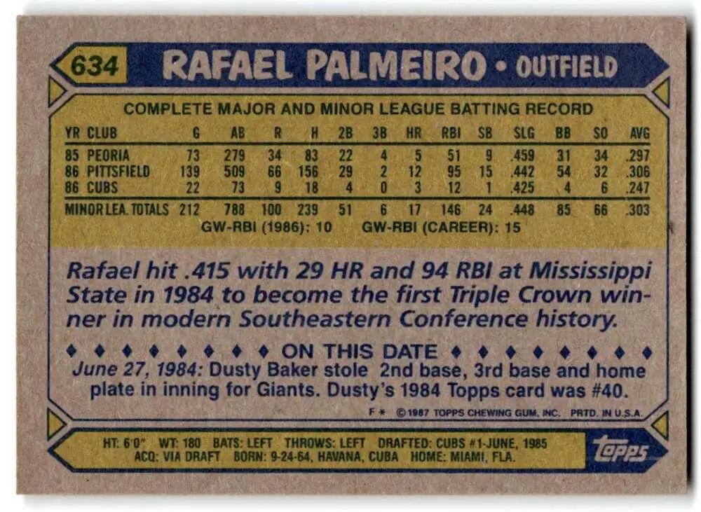 1987 Topps #634 Rafael Palmeiro EX Excellent RC Rookie Chicago Cubs Baseball Card - Baseball Card Single