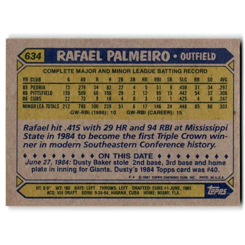 1987 Topps #634 Rafael Palmeiro EX Excellent RC Rookie Chicago Cubs Baseball Card - Baseball Card Single