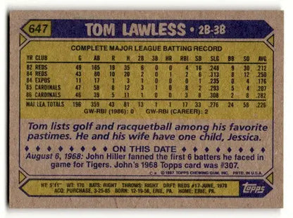 Original gloss Tom Lawless baseball card featuring St. Louis Cardinals baseball team