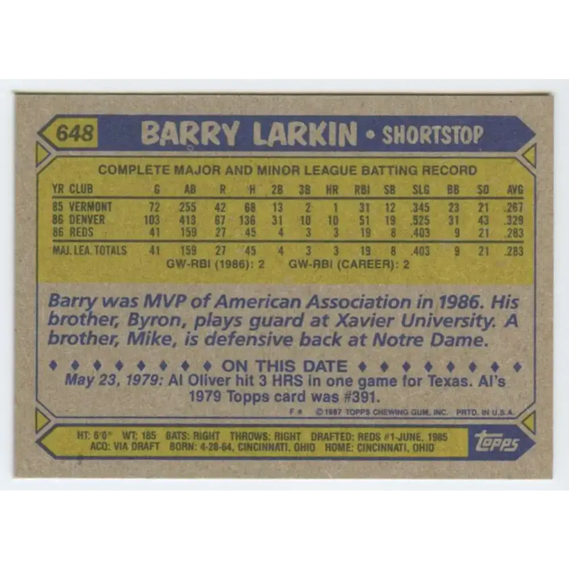 1987 Topps #648 Barry Larkin EX Excellent RC Rookie Cincinnati Reds Baseball Card - Baseball Card Single