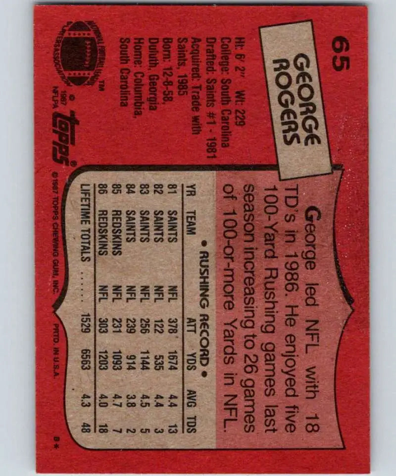 1987 Topps #65 George Rogers EX Excellent Washington Redskins Football Card - Football Card Single