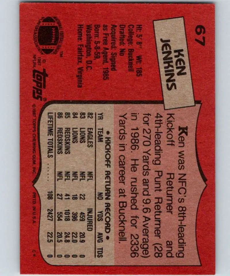 1987 Topps #67 Ken Jenkins EX Excellent Washington Redskins Football Card - Football Card Single
