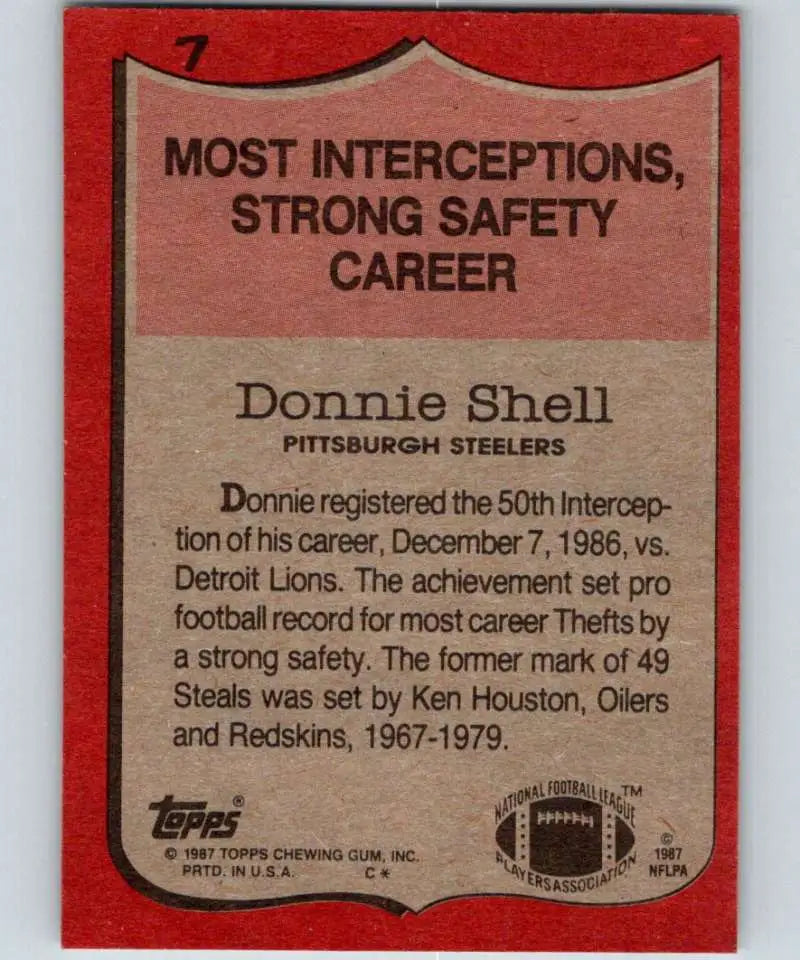 1987 Topps #7 Donnie Shell EX Excellent Pittsburgh Steelers Football Card - Football Card Single