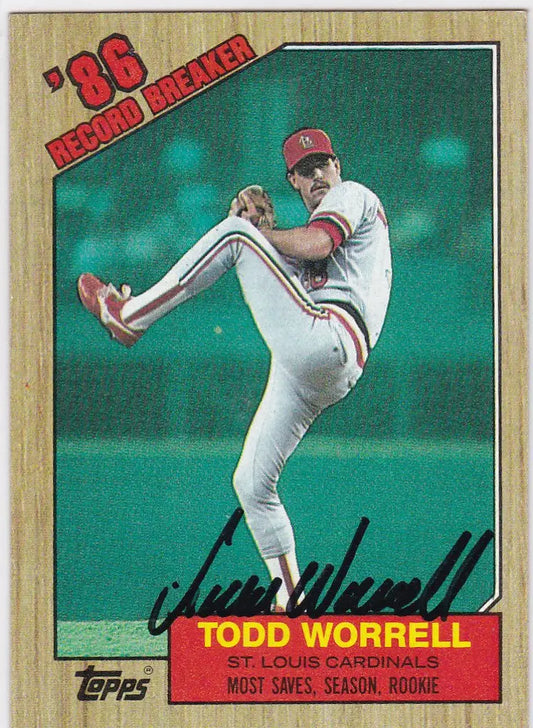 Baseball card of Todd Worrell in white uniform for 1987 Topps #7 TTM Auto St Louis Cardinals