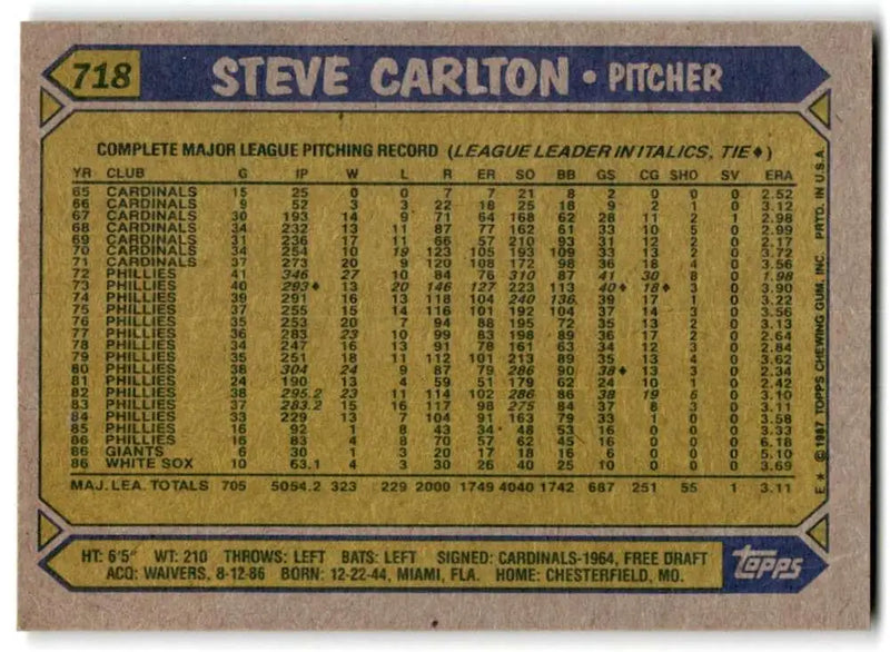 1987 Topps #718 Steve Carlton EX Excellent Chicago White Sox Baseball Card - Baseball Card Single