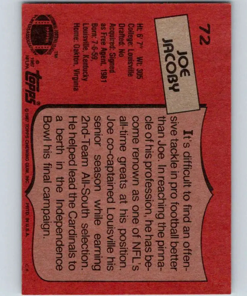 1987 Topps #72 Joe Jacoby EX Excellent Washington Redskins Football Card - Football Card Single