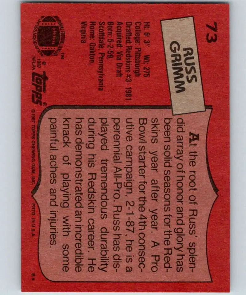 1987 Topps #73 Russ Grimm EX Excellent Washington Redskins Football Card - Football Card Single
