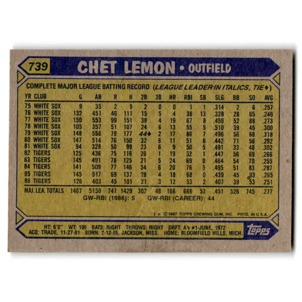 1987 Topps #739 Chet Lemon EX Excellent Detroit Tigers Baseball Card - Baseball Card Single