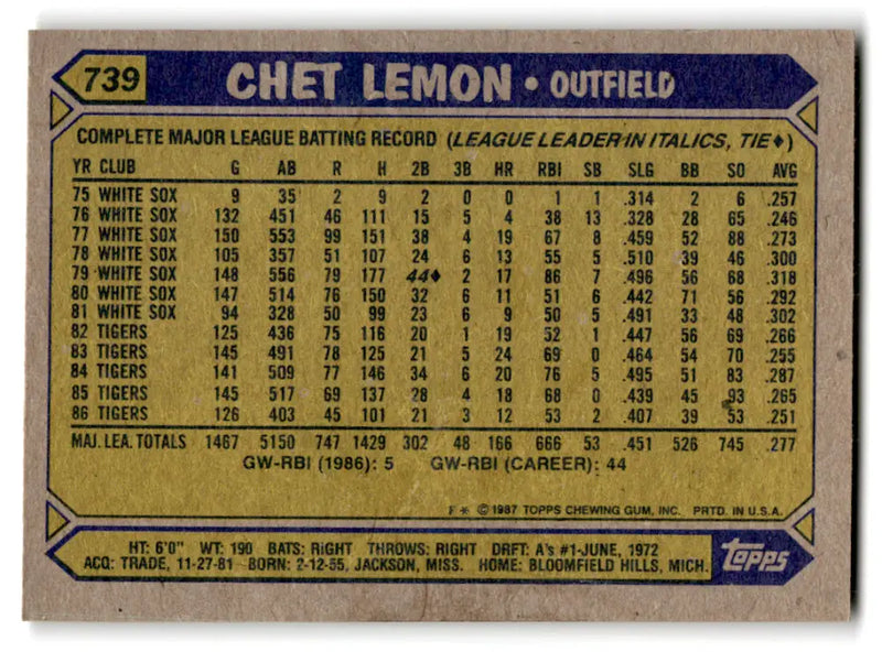 1987 Topps #739 Chet Lemon EX Excellent Detroit Tigers Baseball Card - Baseball Card Single