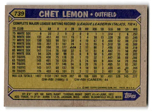 1987 Topps #739 Chet Lemon NM Near Mint Tigers ID:67316 - Baseball Card Single