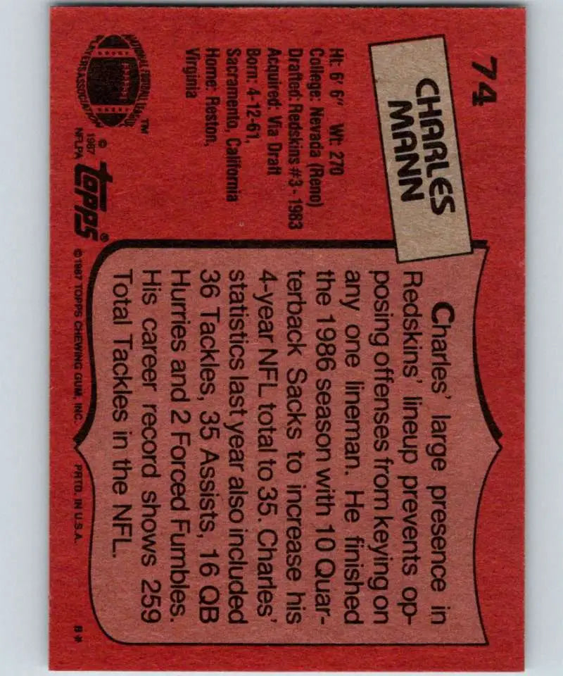 1987 Topps #74 Charles Mann EX Excellent Washington Redskins Football Card - Football Card Single