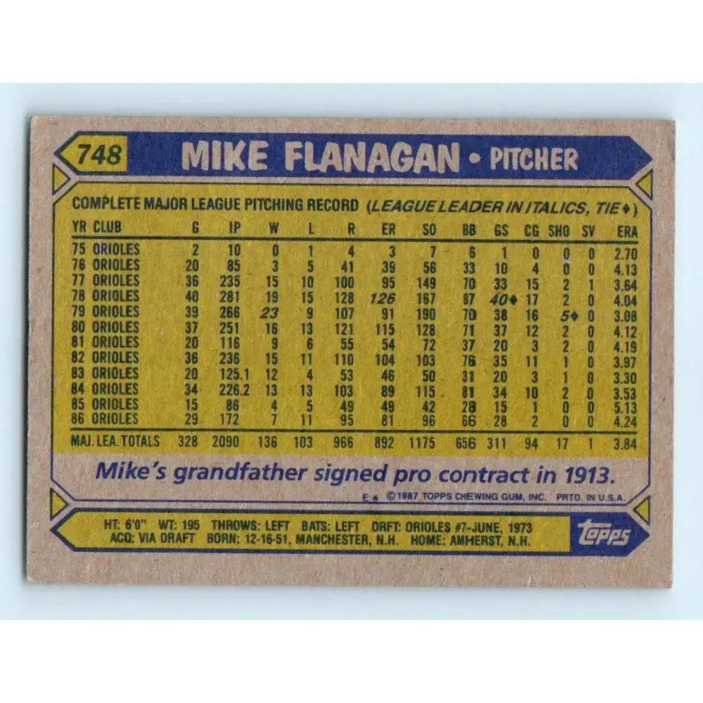 1987 Topps #748 Mike Flanagan EX Excellent Baltimore Orioles Baseball Card - Baseball Card Single