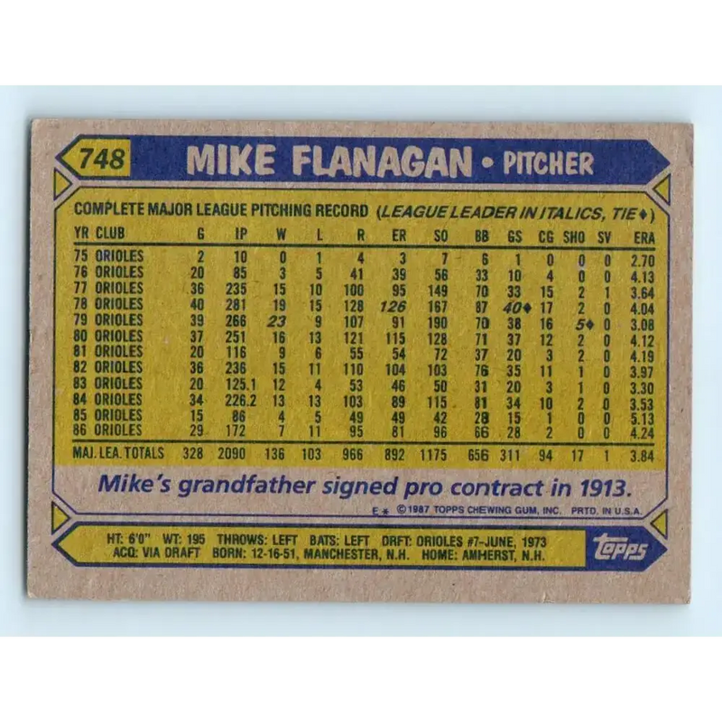 1987 Topps #748 Mike Flanagan EX Excellent Baltimore Orioles Baseball Card - Baseball Card Single