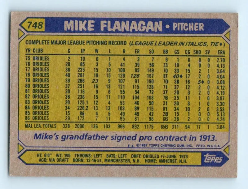 1987 Topps #748 Mike Flanagan EX Excellent Baltimore Orioles Baseball Card - Baseball Card Single