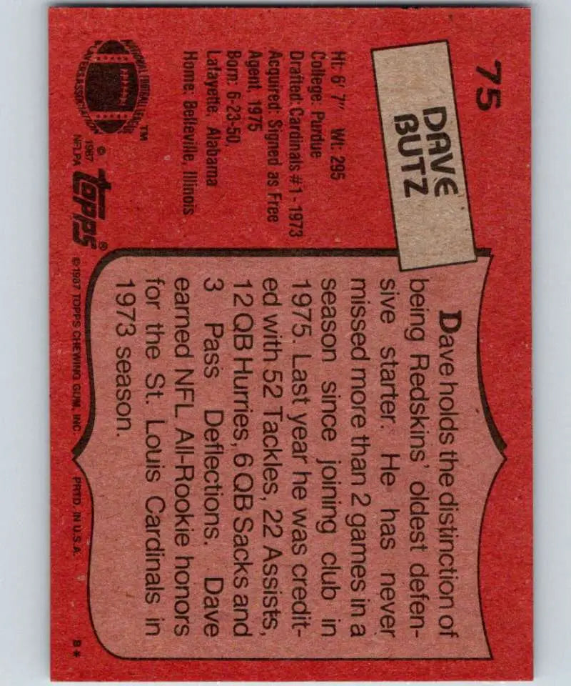1987 Topps #75 Dave Butz EX Excellent Washington Redskins Football Card - Football Card Single