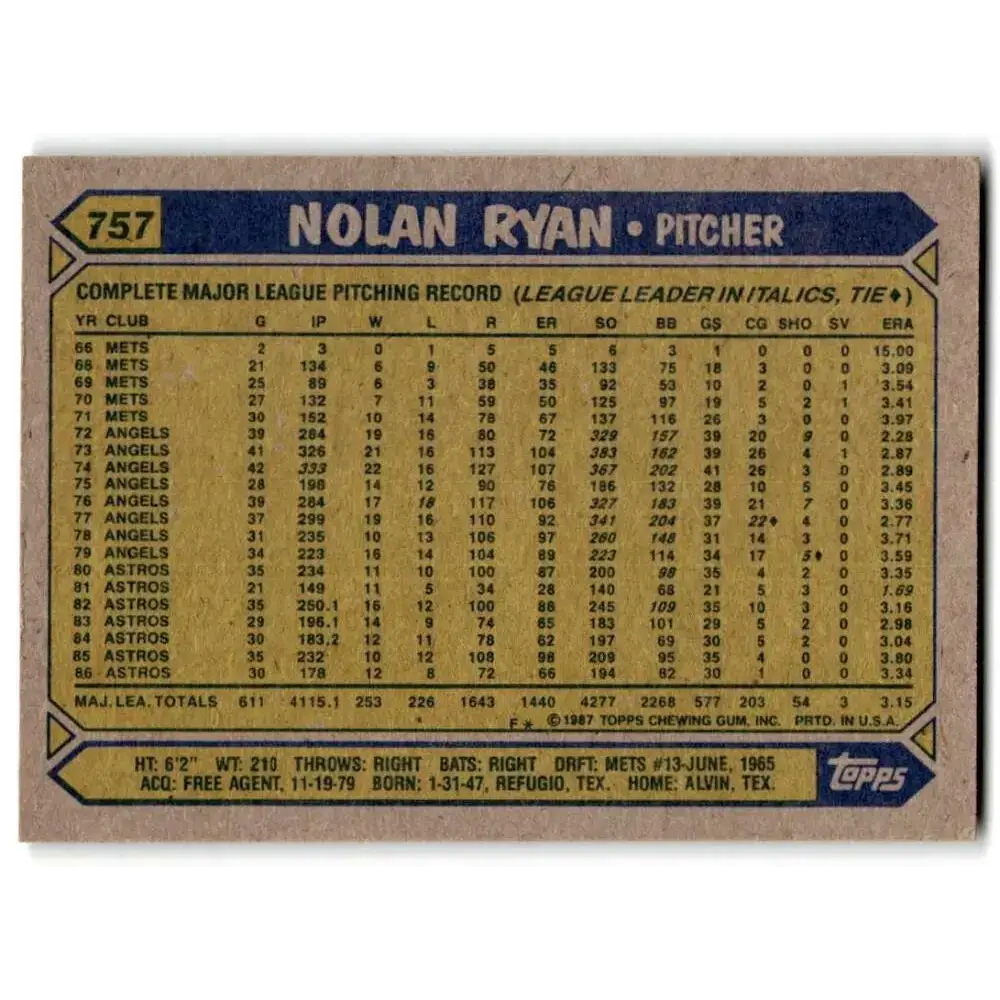 1987 Topps #757 Nolan Ryan EX Excellent Houston Astros Baseball Card - Baseball Card Single