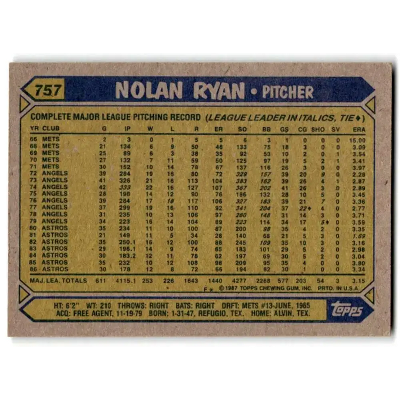 1987 Topps #757 Nolan Ryan EX Excellent Houston Astros Baseball Card - Baseball Card Single