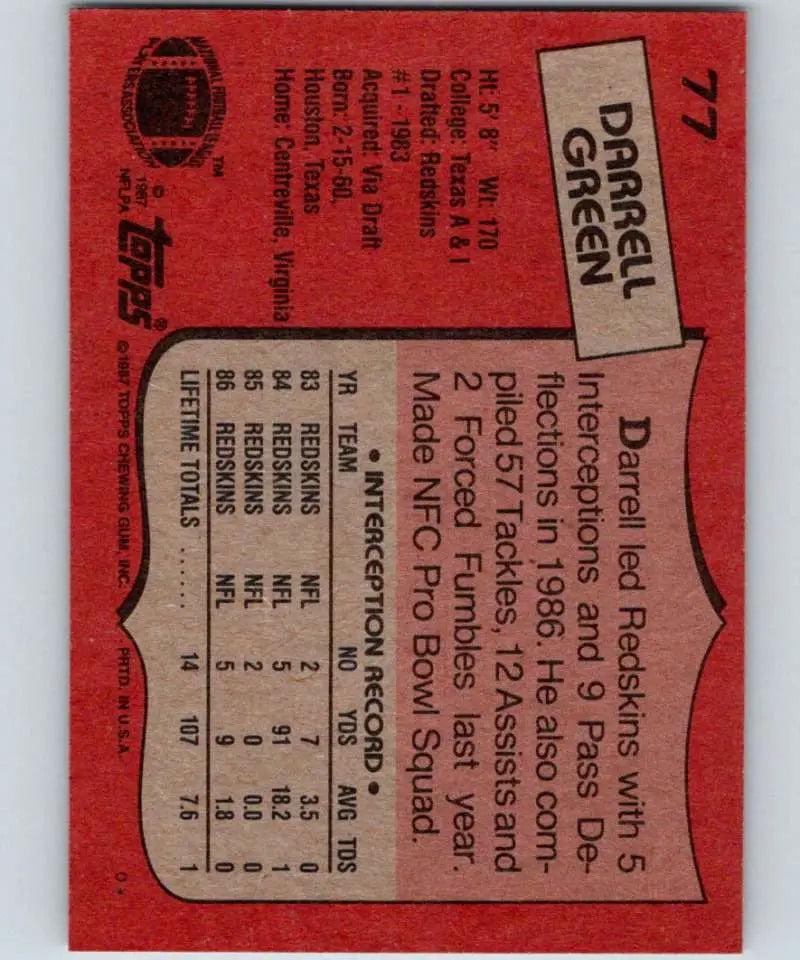 1987 Topps #77 Darrell Green EX Excellent Washington Redskins Football Card - Football Card Single