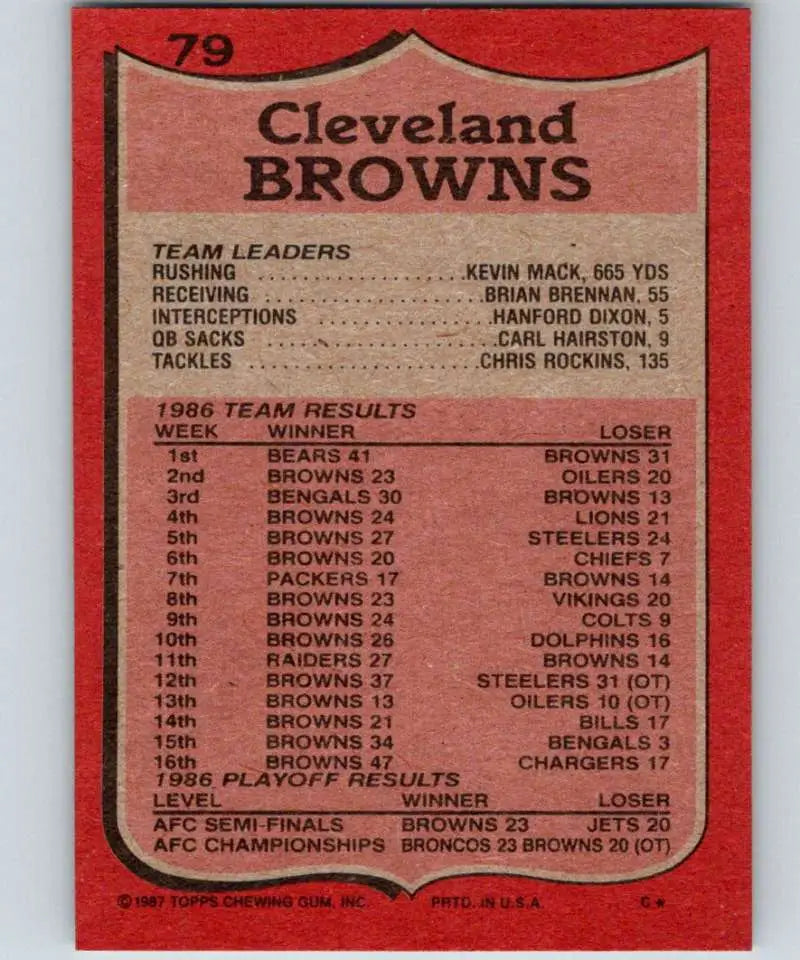 1987 Topps #79 Harry Holt EX Excellent Cleveland Browns Football Card - Football Card Single