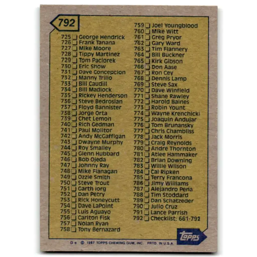 1987 Topps #792 Checklist 661-792 EX Excellent Checklist Baseball Card - Baseball Card Single