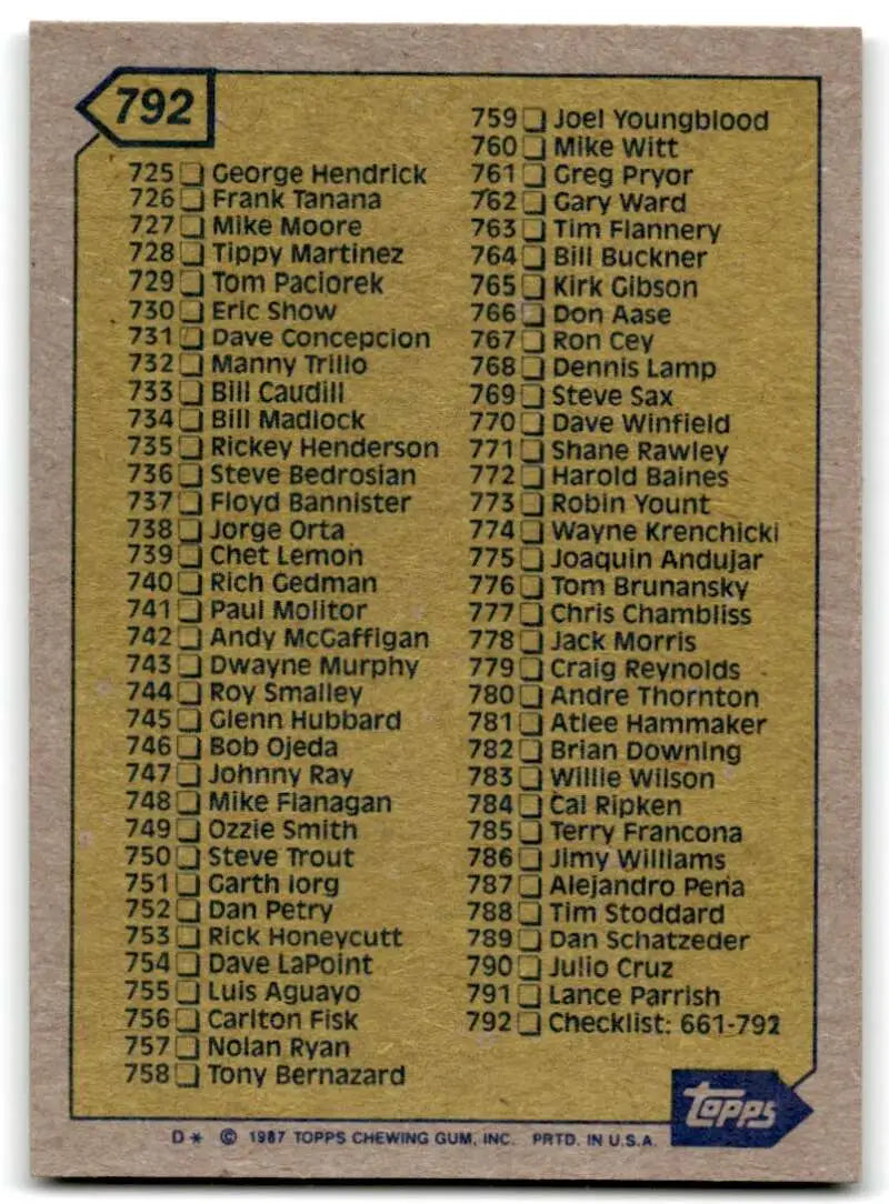 1987 Topps #792 Checklist 661-792 EX Excellent Checklist Baseball Card - Baseball Card Single