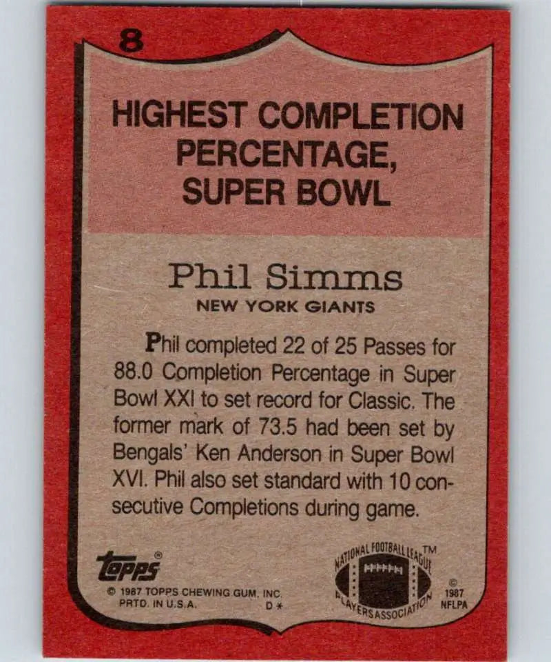 1987 Topps #8 Phil Simms EX Excellent New York Giants Football Card - Football Card Single