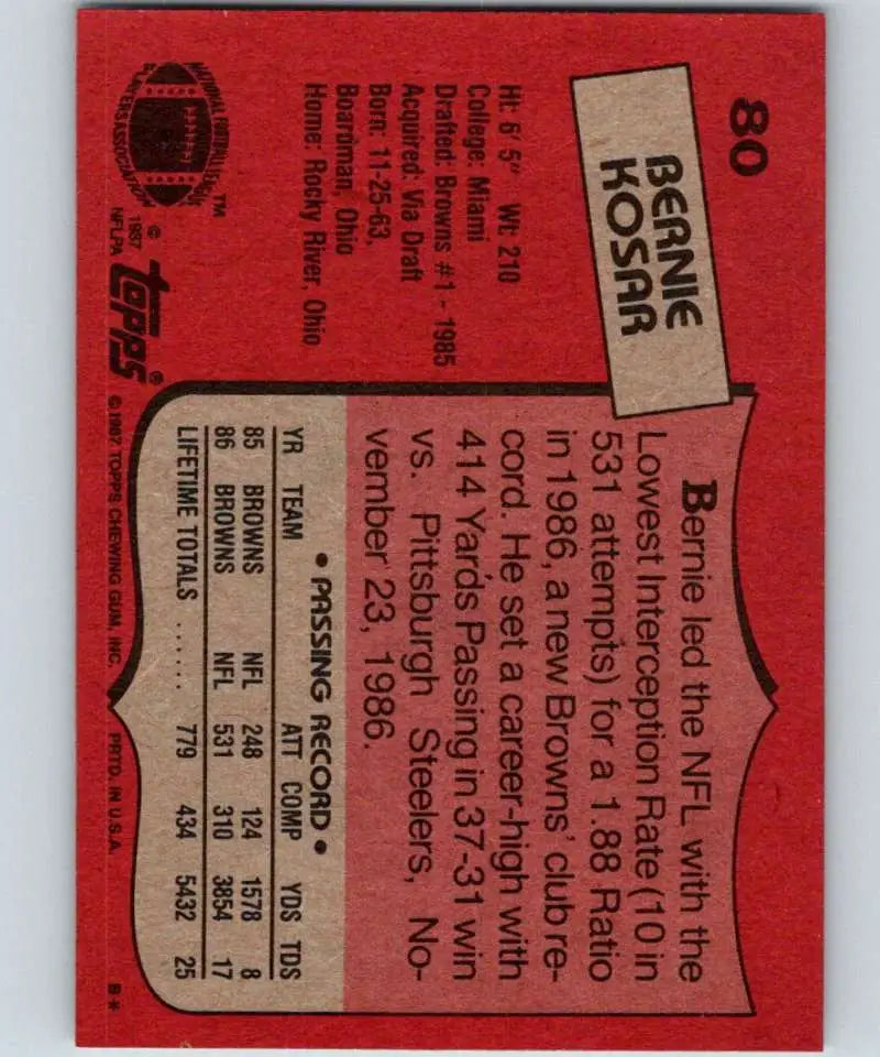 1987 Topps #80 Bernie Kosar EX Excellent Cleveland Browns Football Card - Football Card Single