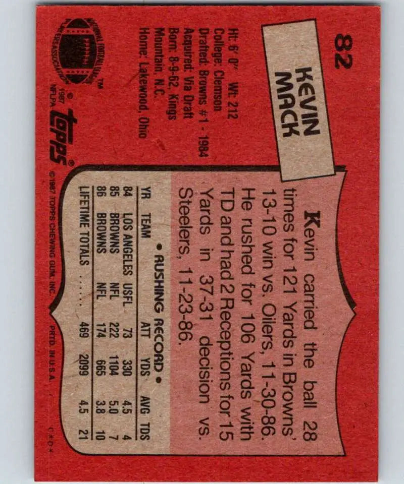 1987 Topps #82 Kevin Mack EX Excellent Cleveland Browns Football Card - Football Card Single