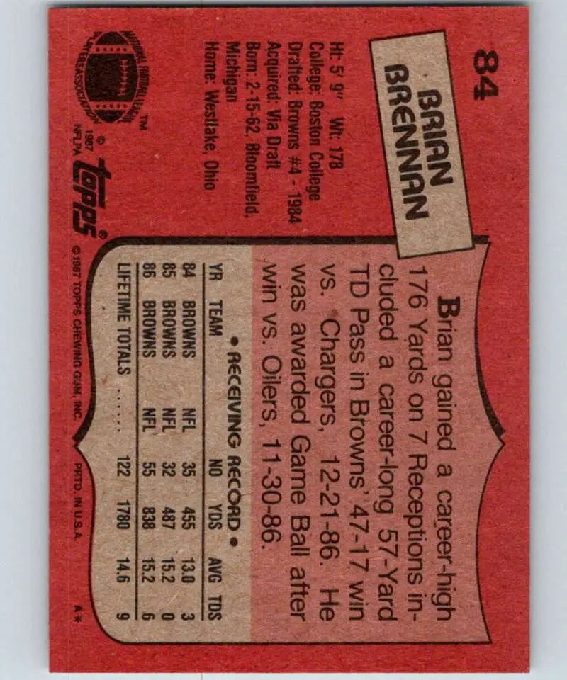 1987 Topps #84 Brian Brennan EX Excellent RC Rookie Cleveland Browns Football Card - Football Card Single
