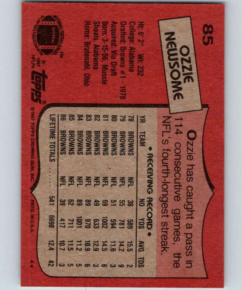 1987 Topps #85 Ozzie Newsome EX Excellent Cleveland Browns Football Card - Football Card Single