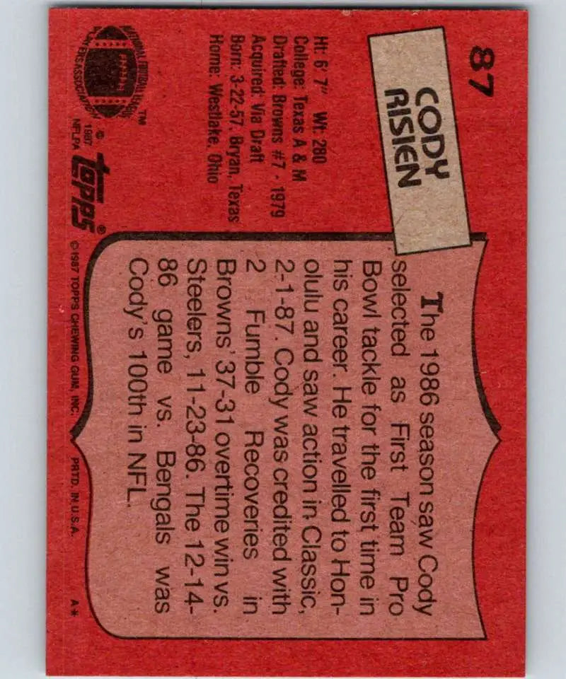 1987 Topps #87 Cody Risien EX Excellent Cleveland Browns Football Card - Football Card Single