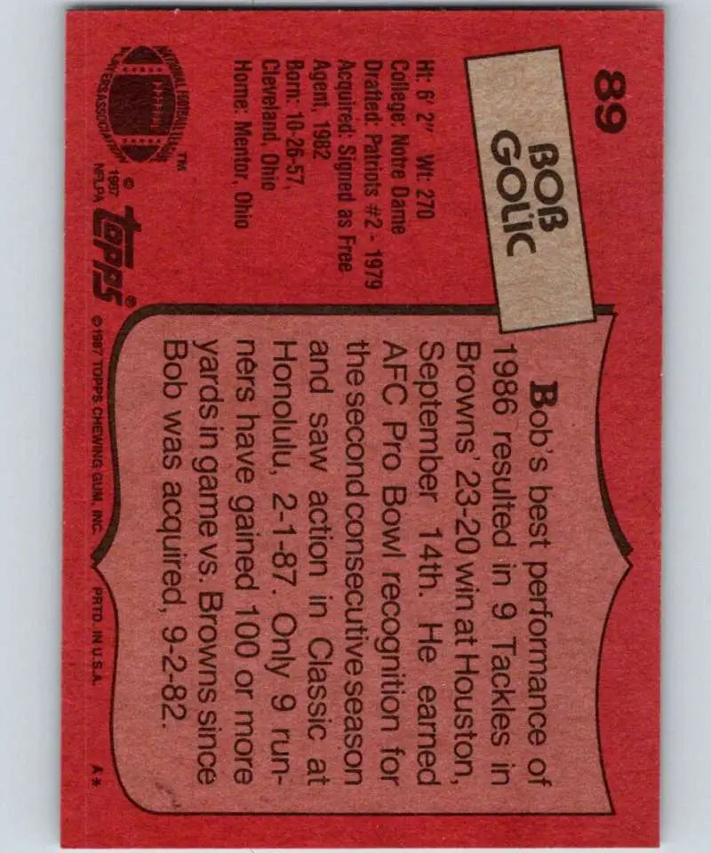 1987 Topps #89 Bob Golic EX Excellent Cleveland Browns Football Card - Football Card Single