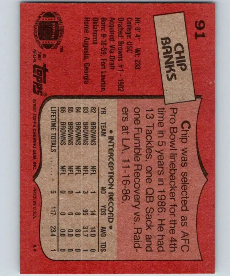1987 Topps #91 Chip Banks EX Excellent Cleveland Browns Football Card - Football Card Single