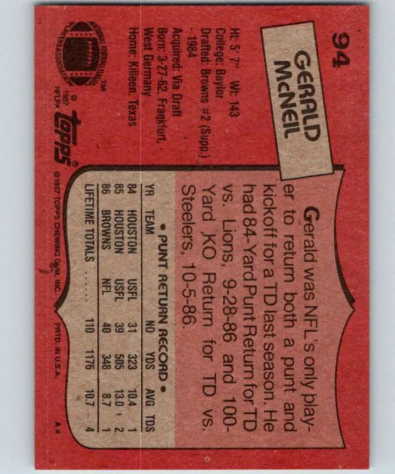 1987 Topps #94 Gerald McNeil EX Excellent RC Rookie Cleveland Browns Football Card - Football Card Single
