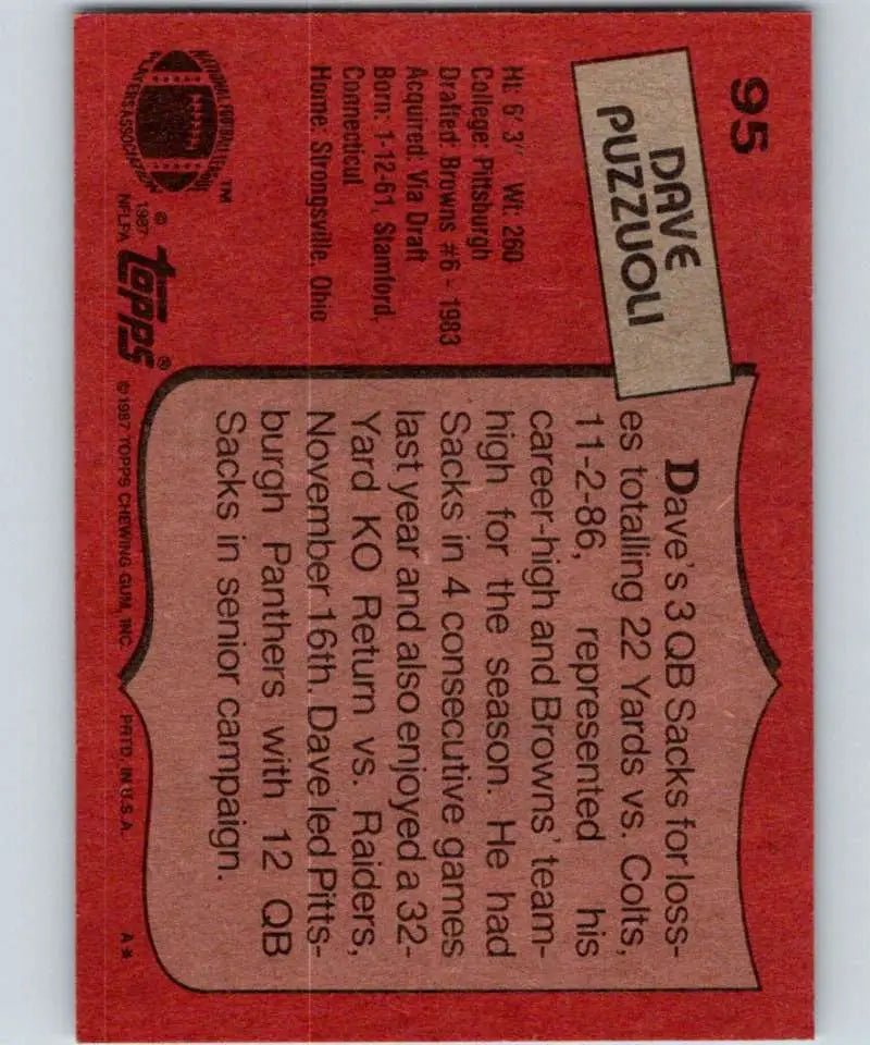 1987 Topps #95 Dave Puzzuoli EX Excellent Cleveland Browns Football Card - Football Card Single