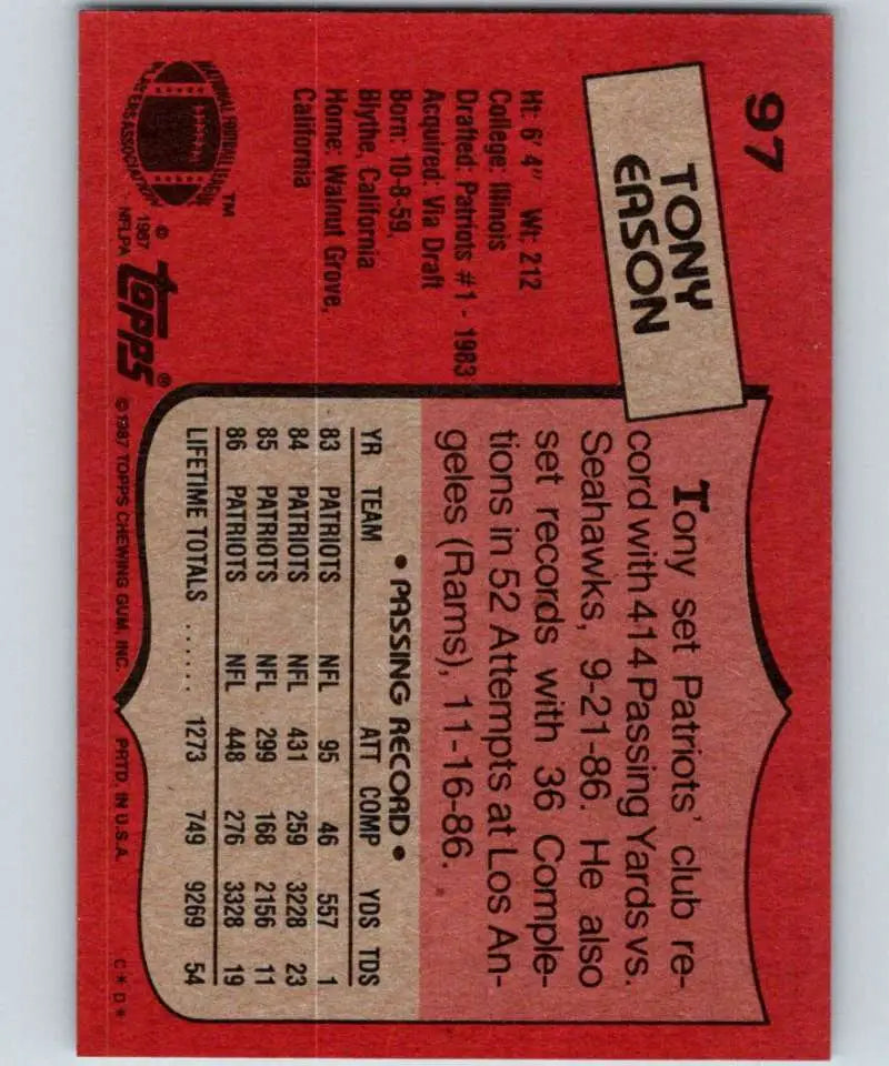 1987 Topps #97 Tony Eason EX Excellent New England Patriots Football Card - Football Card Single