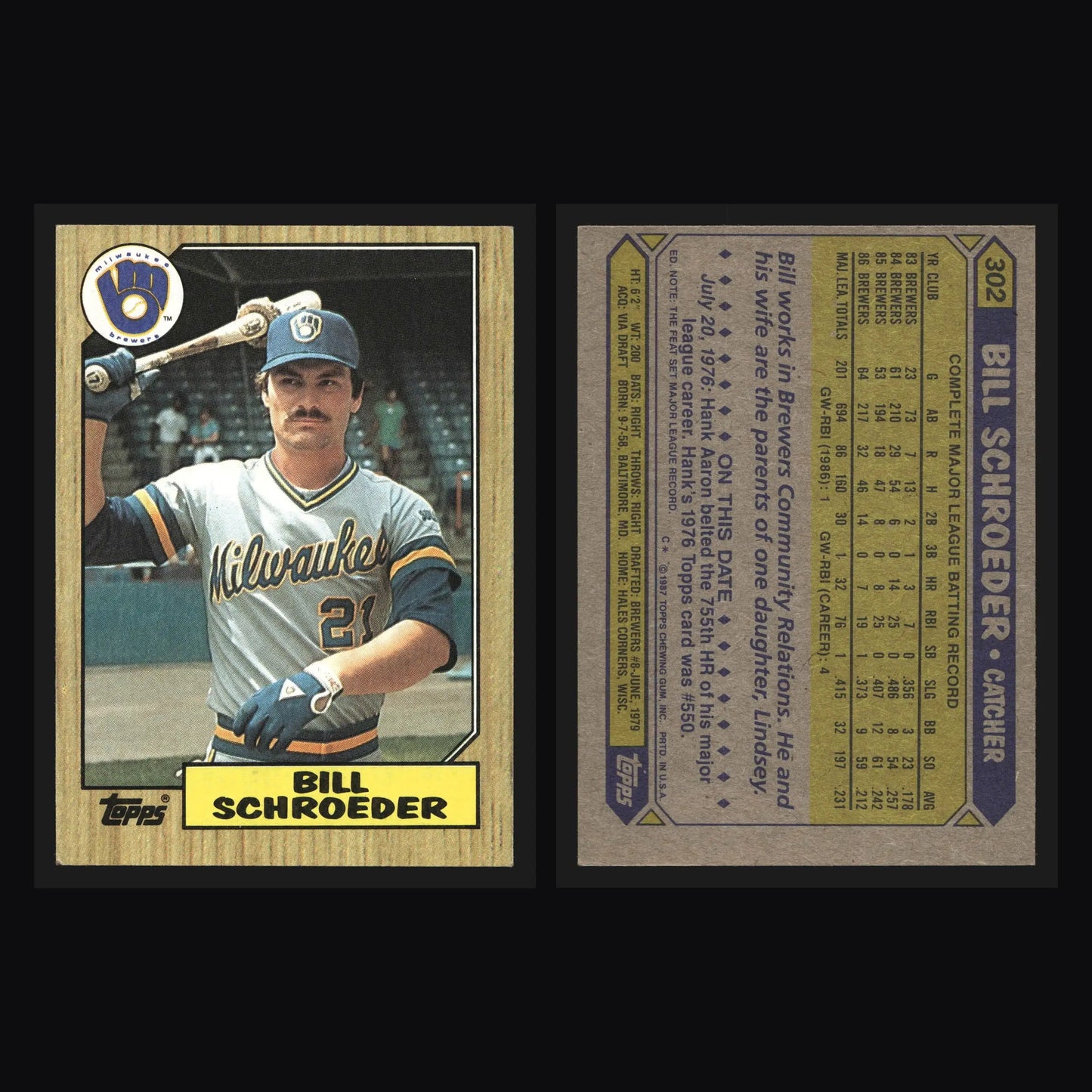 1987 Topps Bill Schroeder #302 Milwaukee Brewers - Baseball Card Single