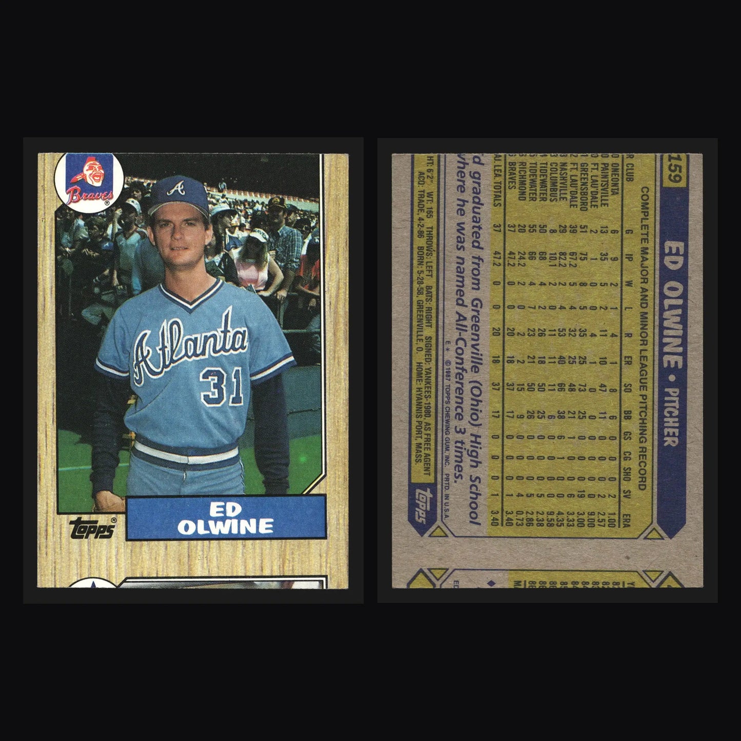 1987 Topps Ed Olwine #159 Atlanta Braves RC Miscut Error - Baseball Card Single