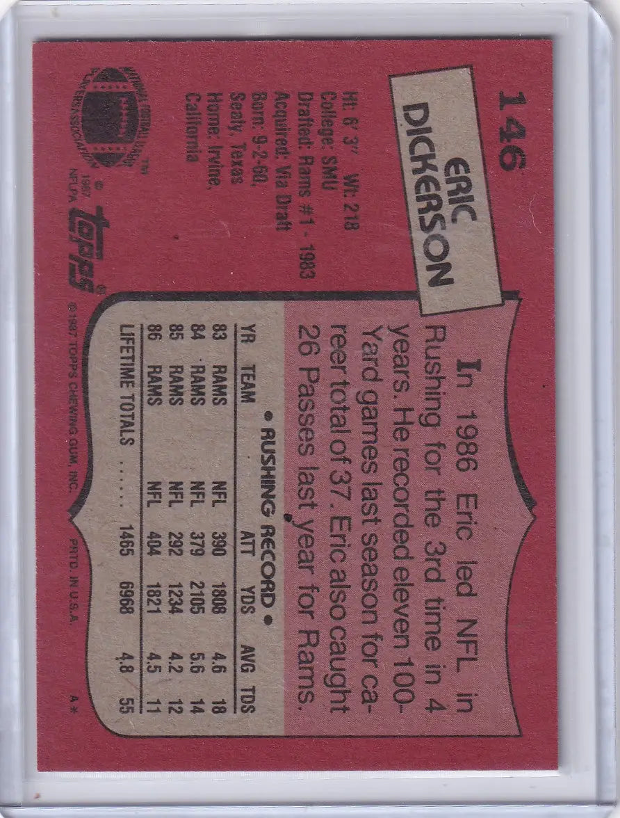 1987 Topps Football #146 Eric Dickerson card featuring the Los Angeles Rams