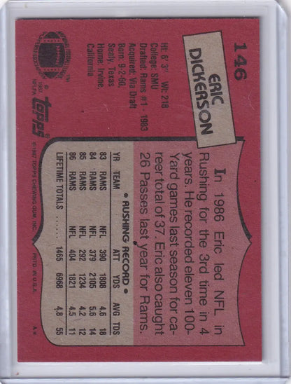 1987 Topps Football #146 Eric Dickerson card featuring the Los Angeles Rams