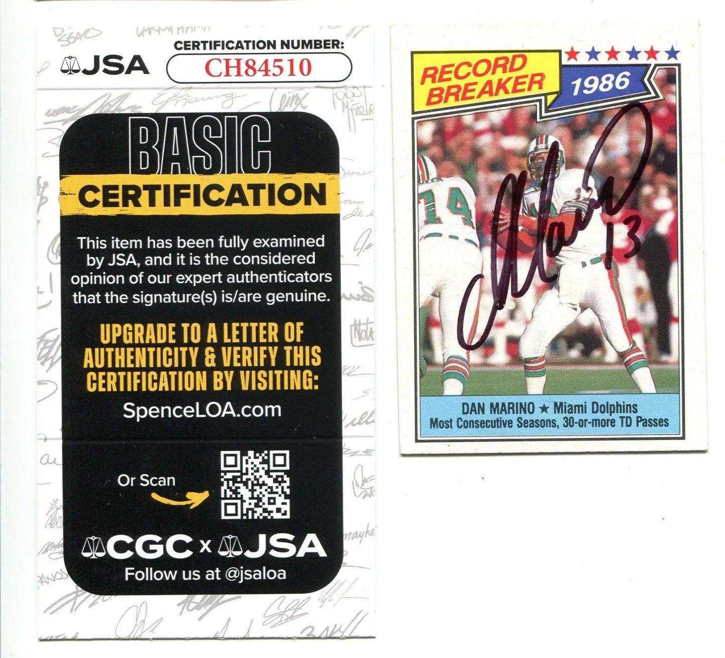 1987 Topps Football Signed Dan Marino Record Breaker #6 Autograph JSA Auto - Trading Cards