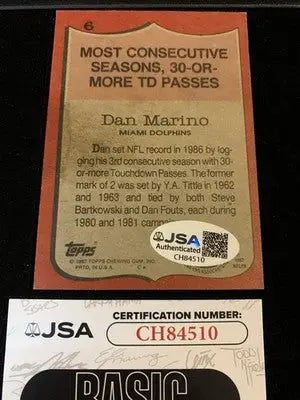 1987 Topps Football Signed Dan Marino Record Breaker #6 Autograph JSA Auto - Trading Cards