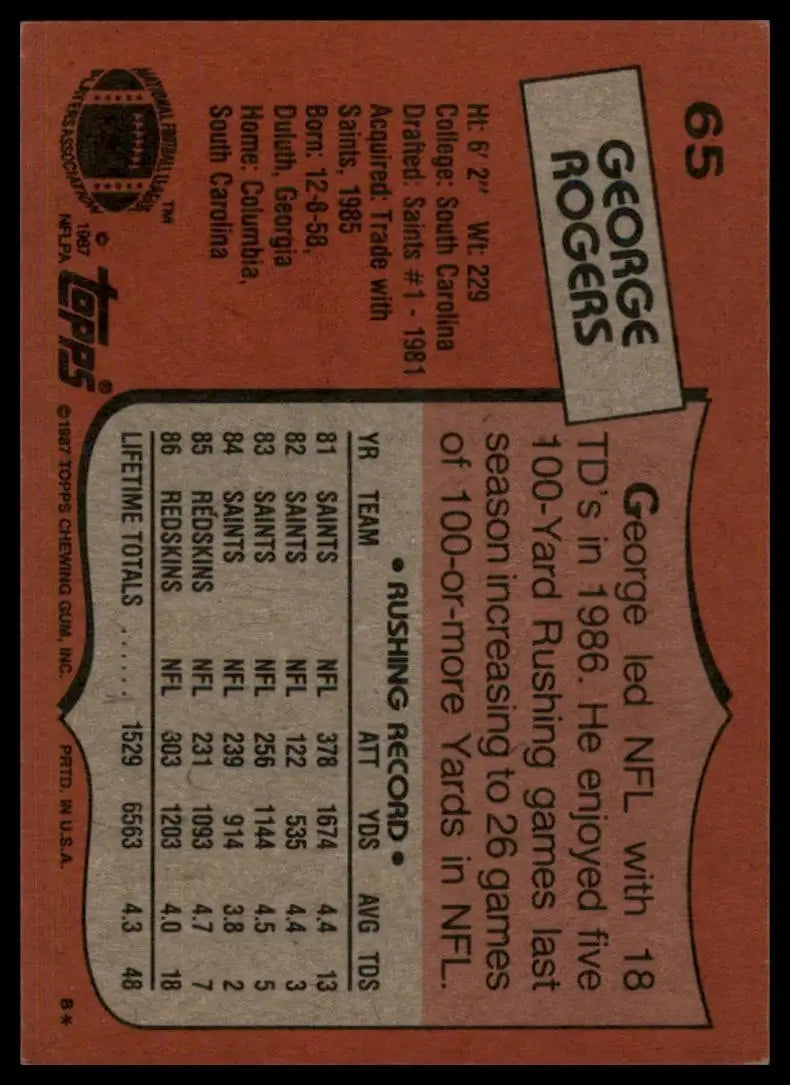 1987 Topps George Rogers #65 Washington Redskins Football Card NFL Sports - Football Card Single